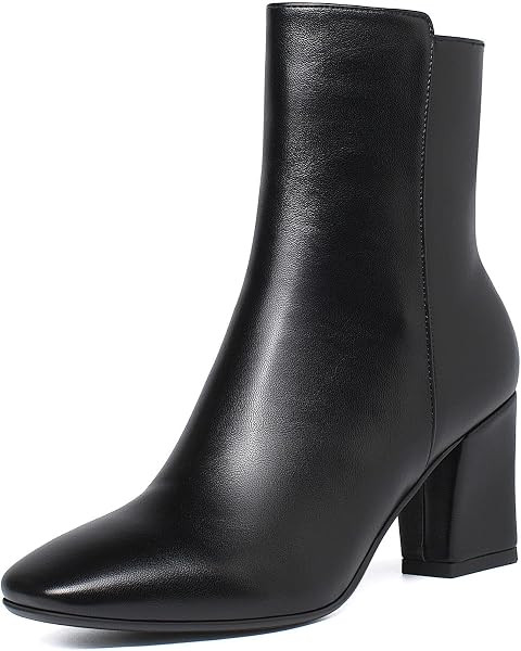 SHEMEE Women's Square Toe Block Heels Booties Chunky High Heeled Side Zipper Ankle Boots Shoes | Amazon (US)