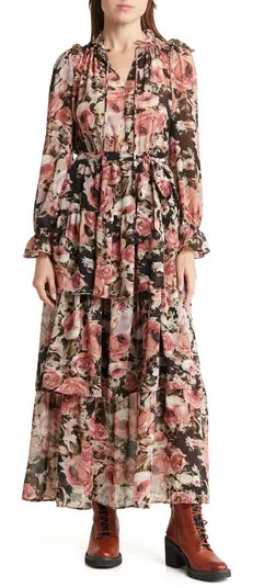 Tie Neck Long Sleeve Floral Print Maxi Dress | Nordstrom Rack