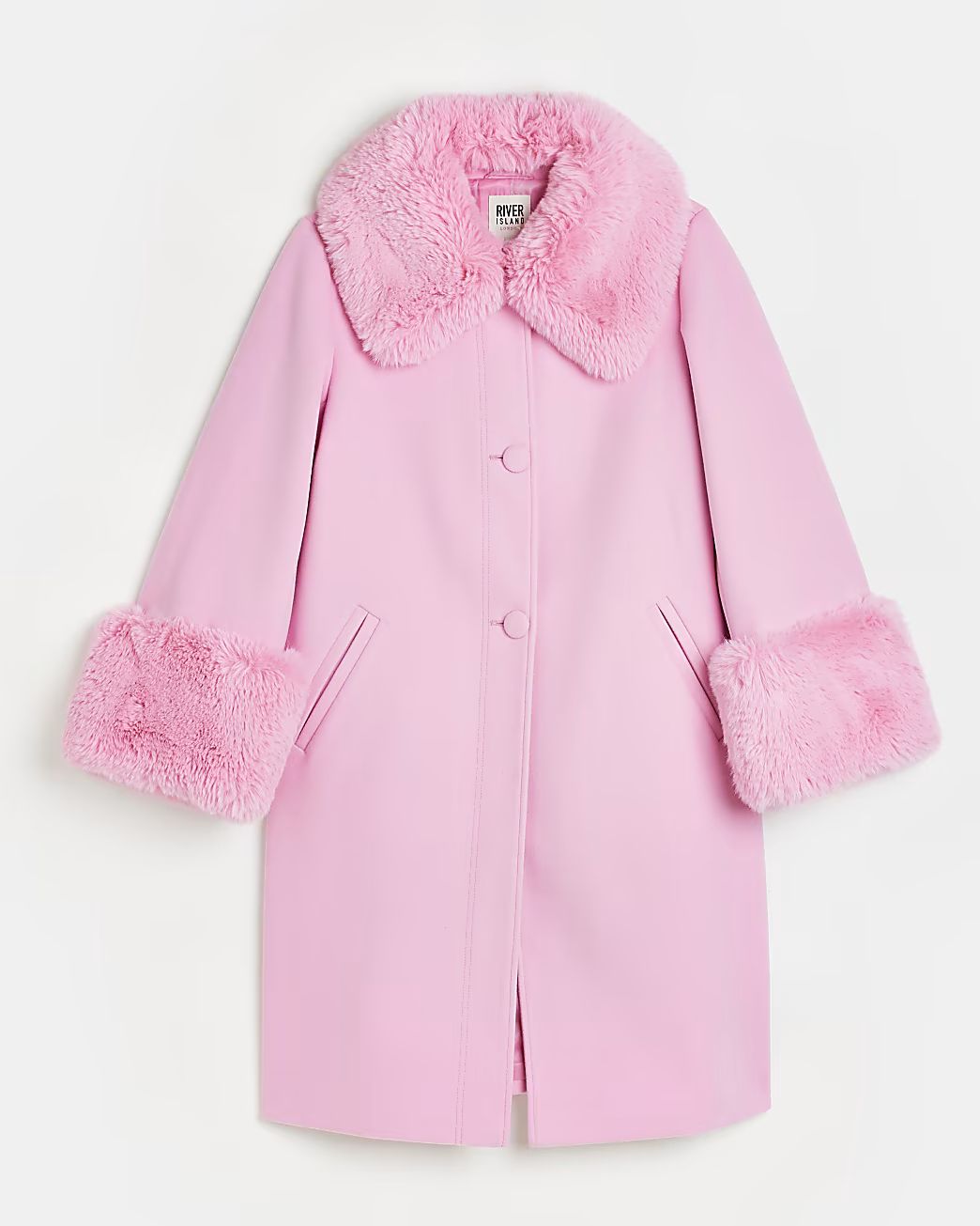 Pink wool faux fur detail longline coat | River Island (US)
