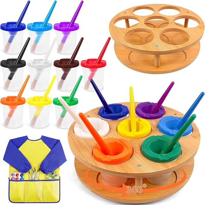 10 Pcs No Spill Painting Cups with Rotating Holder, Paint Cups with Lids for Kids, Paint Brush Cl... | Amazon (US)
