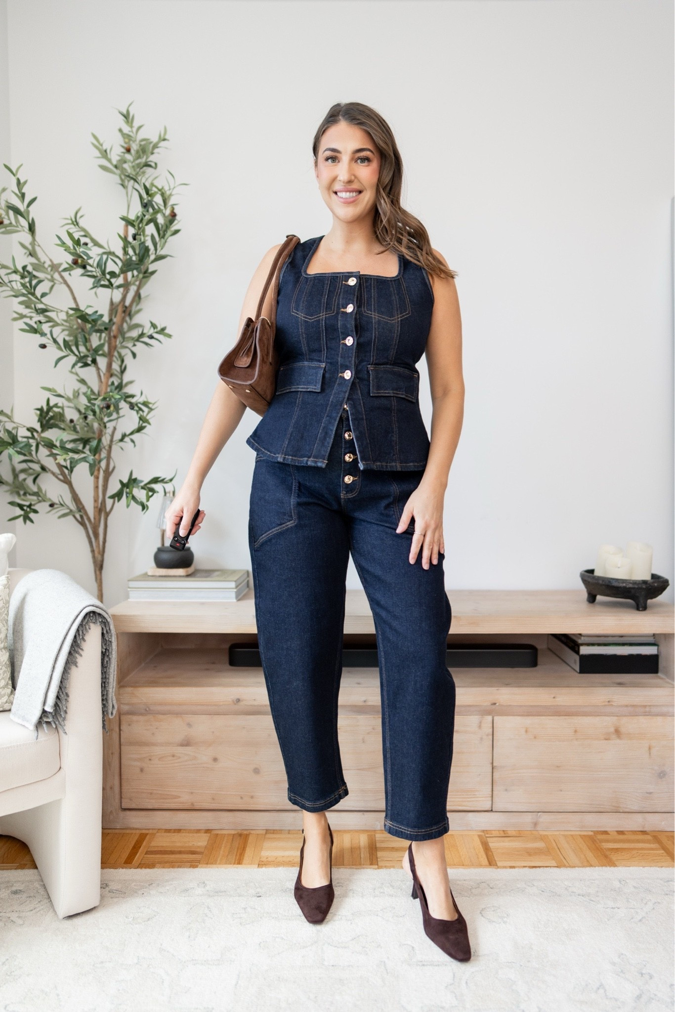 Okayyy I LOVE this one. The dark denim-on-denim feels polished but still fun for fall, and the brown bag + heels make it feel extra elevated.

Dark denim outfit, denim vest, matching denim set, fall outfit idea, chic fall style, dark wash denim, size 14 fall outfit, size large outfit inspo, denim outfit for women, elevated casual style, fall fashion 2026

#LTKootd #LTKMidsize #LTKmomlife