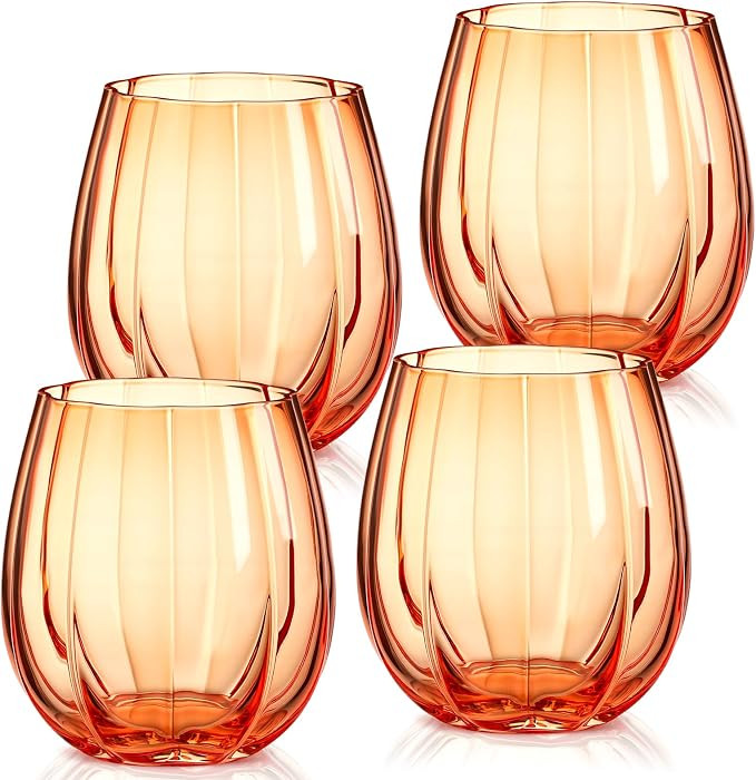 4 Pcs Fall Pumpkin Wine Glasses Stemless Glass Cups, Orange, 20oz | Amazon (US)