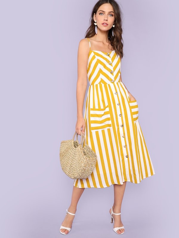 Button Up Pocket Front Striped Cami Dress | SHEIN