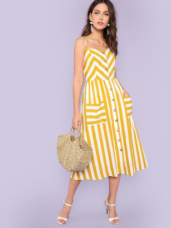 Button Up Pocket Front Striped Cami Dress | SHEIN