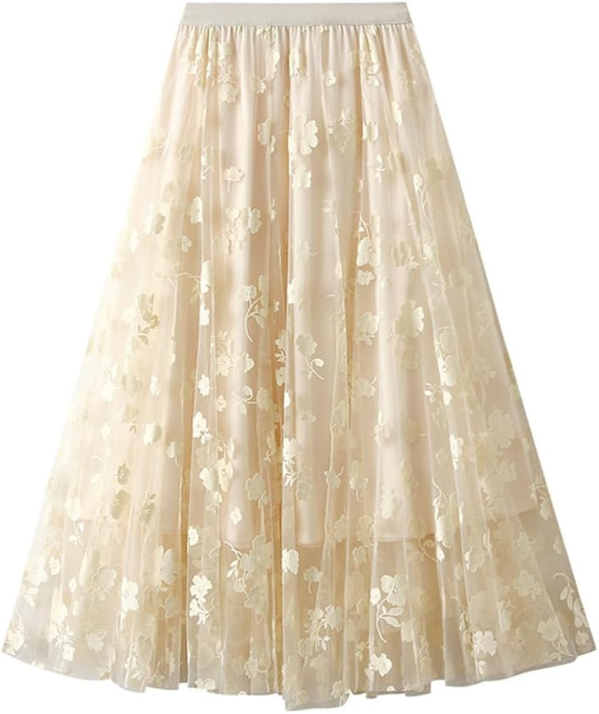 Womens Floral Midi Skirt High Waisted A Line Cute Layered Fairy Mesh Tulle Pleated Skirt | Amazon (US)