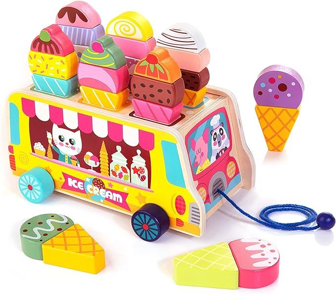HELLOWOOD Wooden Ice Cream Truck, 28 pcs Magnetic Ice Cream Sweet Treats Pretend Play Food & Acce... | Amazon (US)