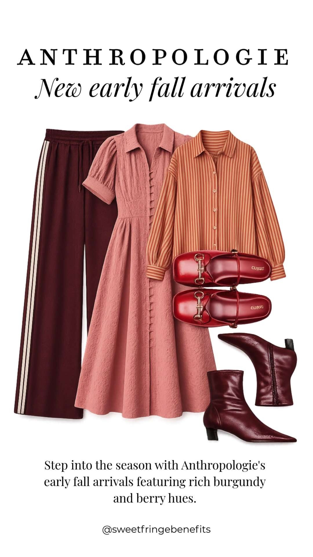 Anthropologie's early fall arrivals are bringing all the rich seasonal color with beautiful berry and burgundy tones. Whether you're reaching for an effortless midi dress, sporty wide-leg pants, a striped button-down, or chic ankle boots, these pieces are perfect for elevating your everyday wardrobe.

💡 LTK MADE EASY
❤️ Heart = Support my posts!
🔖 Save = Get sale & restock alerts
📋 Lists = Keep favorites organized
📲 Share = Send lists and products to a friend. Hello, Christmas List!
💬 Comment = Ask me anything about what I'm wearing. :-) 

 #LTKootd #LTKSeasonal #LTKOver40