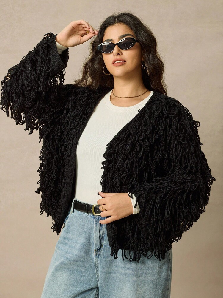 Juhart Plus Size Solid Color Tassel Cardigan, Suitable For Commuting | SHEIN