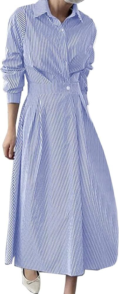Ladyful Striped Shirt Dress for Womens Casual Long Sleeve Elegant Maxi Dress | Amazon (US)