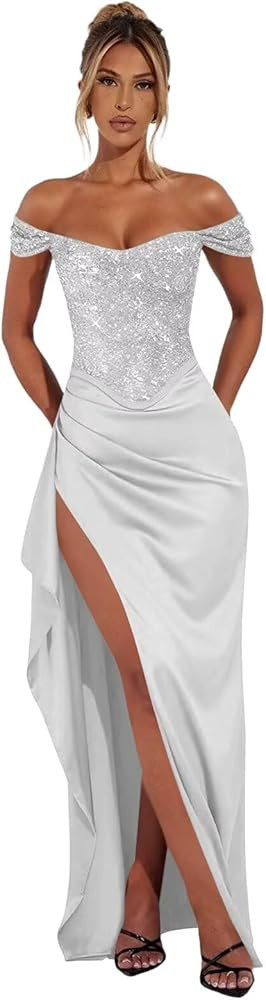 Sequin Mermaid Prom Dresses Satin Off The Shoulder Long Bodycon Formal Evening Gown with Ruffle S... | Amazon (US)