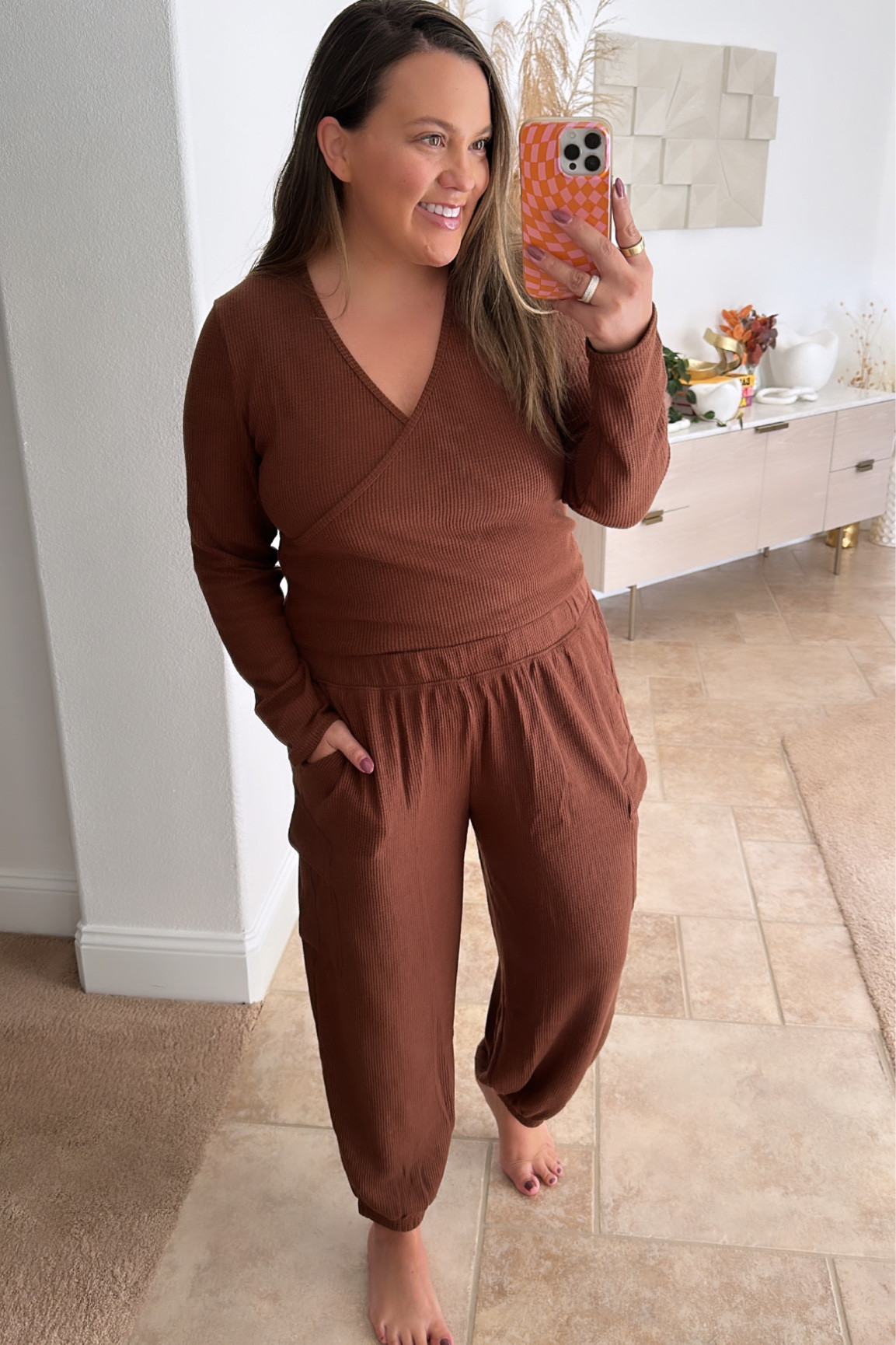 Chocolate brown waffle lounge set on sale. I’m wearing XL i both pieces  

#LTKsalealert #LTKSale #LTKmidsize