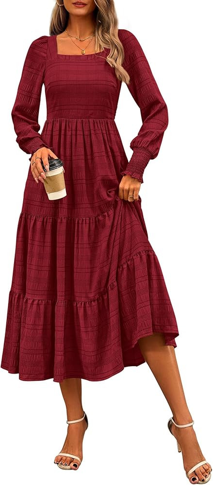 CFLONGE Women's Fall Dresses 2025 Puff Long Sleeve Square Neck Dress High Waist Smocked A-Line Fl... | Amazon (US)