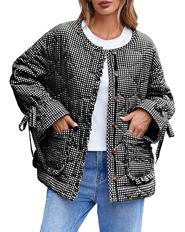 Tankaneo Womens Cropped Quilted Puffer Jackets Lightweight Plaid Button Down Bow Padded Down Coat | Amazon (US)