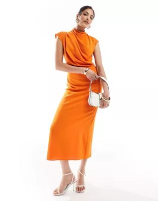 ASOS DESIGN high neck sleeveless midi dress with draped neck in orange | ASOS (Global)