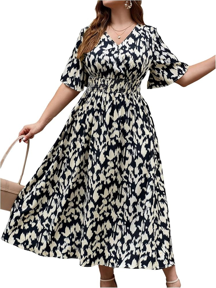 Floerns Women's Plus Size Boho Floral V Neck Short Sleeve A Line Long Dress | Amazon (US)