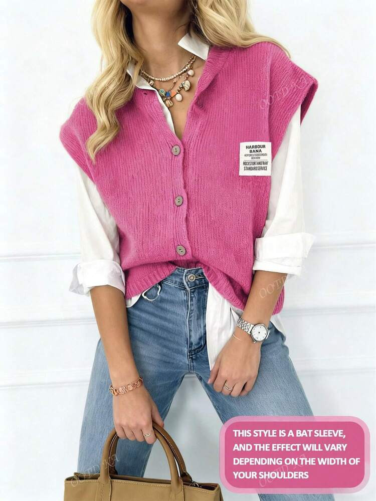 Dames Lente En Zomer Eenvoudige Mode Casual Woon-Werkverkeer Veelzijdig Effen Kleur Label Ontwerp Enkelrijs Ronde Hals Mouwloos Getailleerd Gebreid Trui Vest | SHEIN