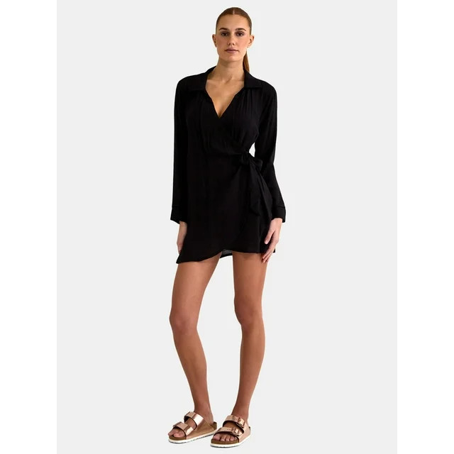 Time and Tru Women’s and Women’s Plus Coverup Wrap Dress with Long Sleeves, Sizes XS-3X - Wal... | Walmart (US)