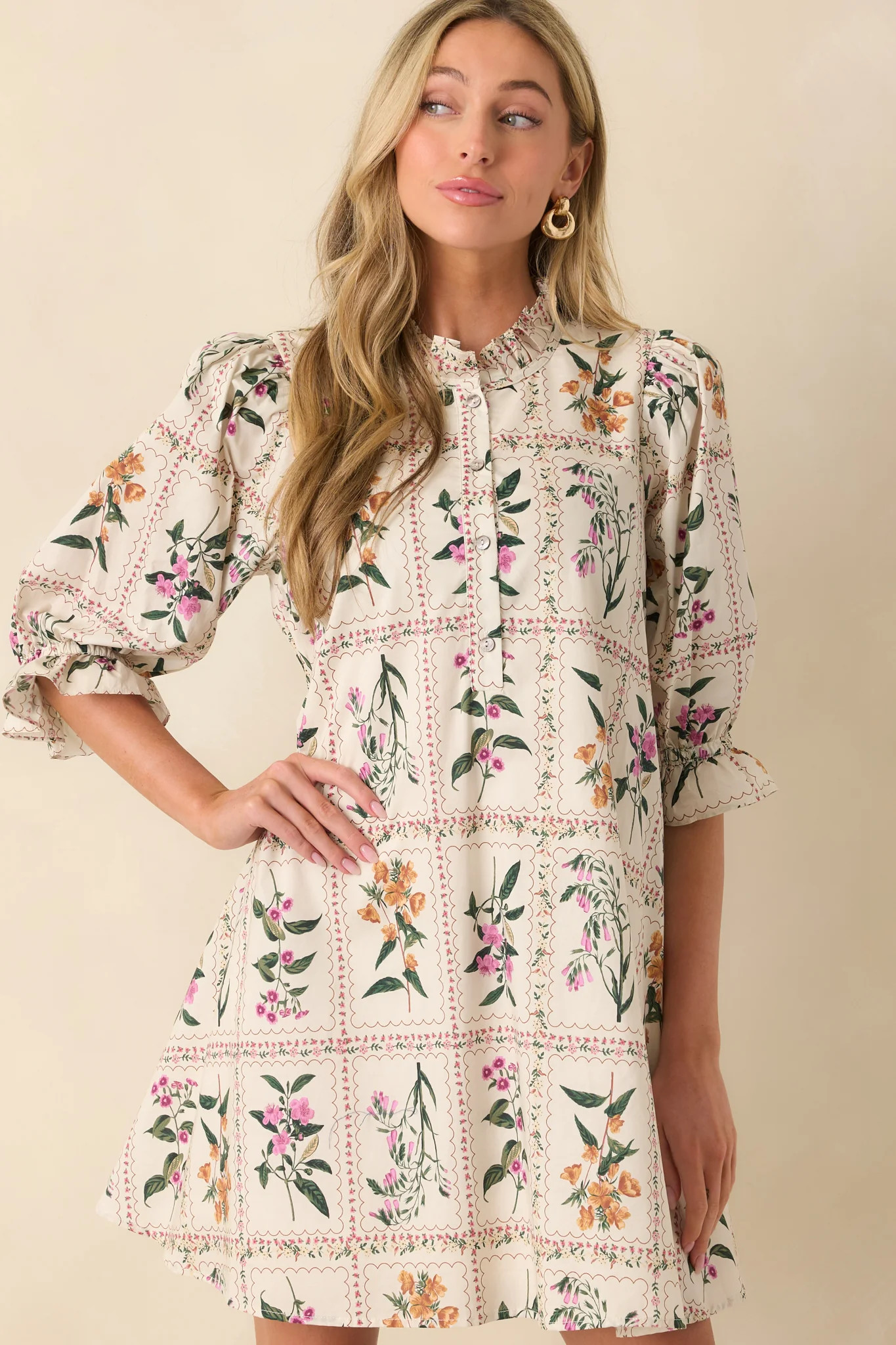 Do It Just For You Ivory Multi Floral Print Cotton Mini Dress | Red Dress