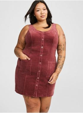 Mini Sleeveless Button Front Patch Pocket Corduroy Dress | Torrid (US & Canada)