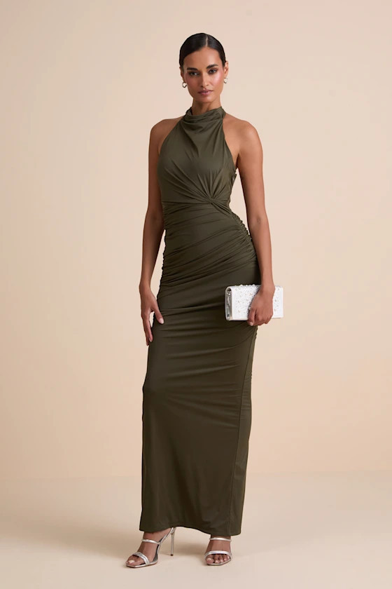 Seraiah Olive Green Knotted Ruched Halter Maxi Dress | Lulus