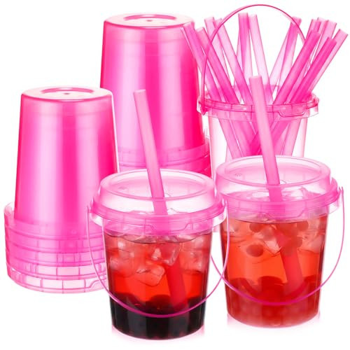 Purpeak 15 Set 24oz Plastic Drink Buckets with Lids and Straws, Hot Pink | Amazon (US)