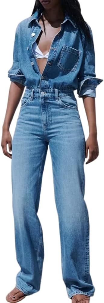 Women's Fashion High Waist Long Sleeve Denim Jumpsuit Slim Fit Button Loose Jean Pants Rompers | Amazon (US)