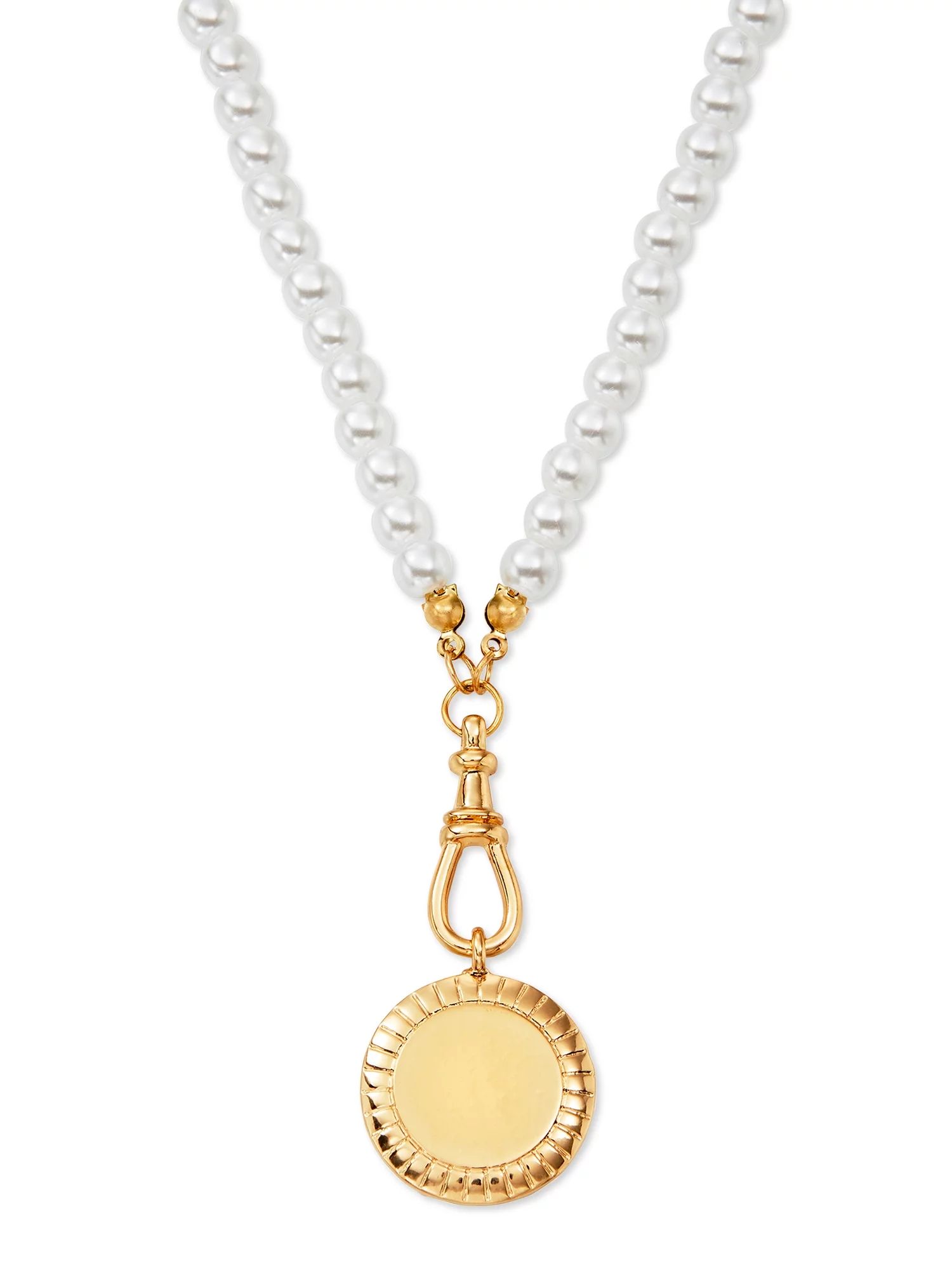 Scoop 14KT Gold Flash Plated Brass Disc Imitation Pearl Necklace, 17" + 2" - Walmart.com | Walmart (US)