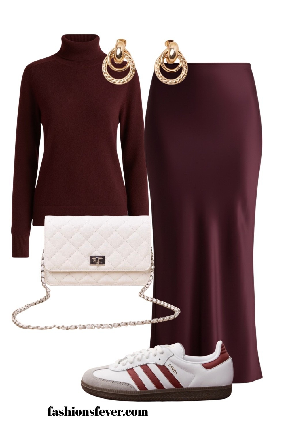 Fall Winter Outfits 2025 For Women! A textured burgundy knit sweater top with a burgundy satin skirt, a quilted white bag and Adidas Samba, perfect for an elevated casual fall looks. #ltkfashion #ltkfall

#LTKShoeCrush #LTKSeasonal #LTKStyleTip