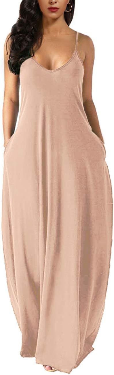 Wolddress Womens Casual Sleeveless Plus Size Loose Plain Long Maxi Dress with Pocket | Amazon (US)