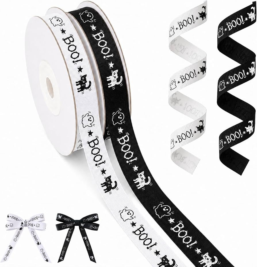 Halloween Boo Ribbon, 20 Yards 5/8 Inch Ghost Grosgrain Ribbon, 2 Rolls Polyester Fabric Ribbon f... | Amazon (US)