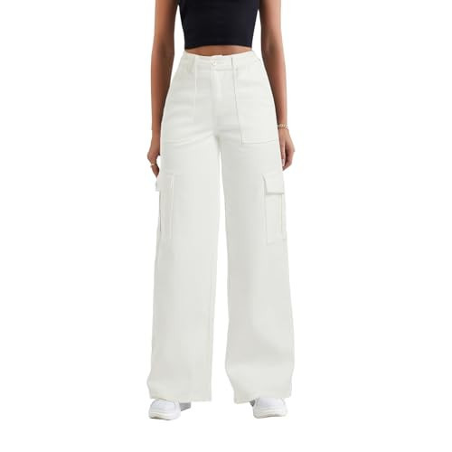 DLAYBGFA Women's Cargo Jeans Casual Baggy Cargo Jean Elastic High Waisted Stretch Wide Leg Denim Pants Streetwear(White,M) | Amazon (US)