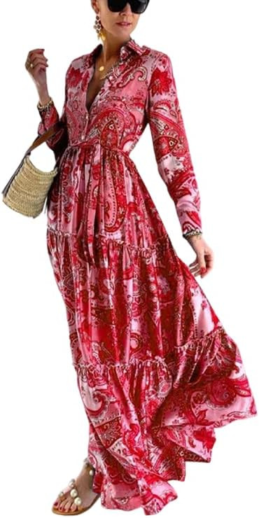 Women's Paisley Print Maxi Dress Long Sleeve Button Down Tiered Ruffle Boho Vacation Dress | Amazon (US)