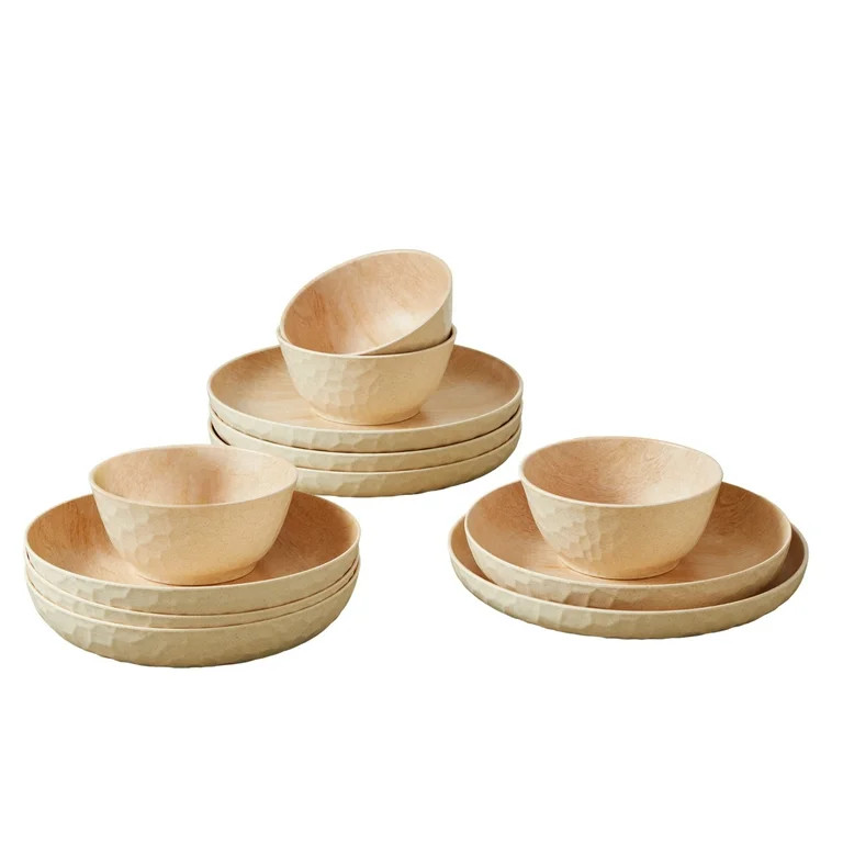 Better Homes & Gardens 12-Piece Bamboo Melamine Dinnerware Set, Faux Brown Wood - Walmart.com | Walmart (US)