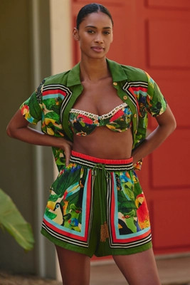 Farm Rio Bird Leaves Drawstring Shorts | Anthropologie (US)