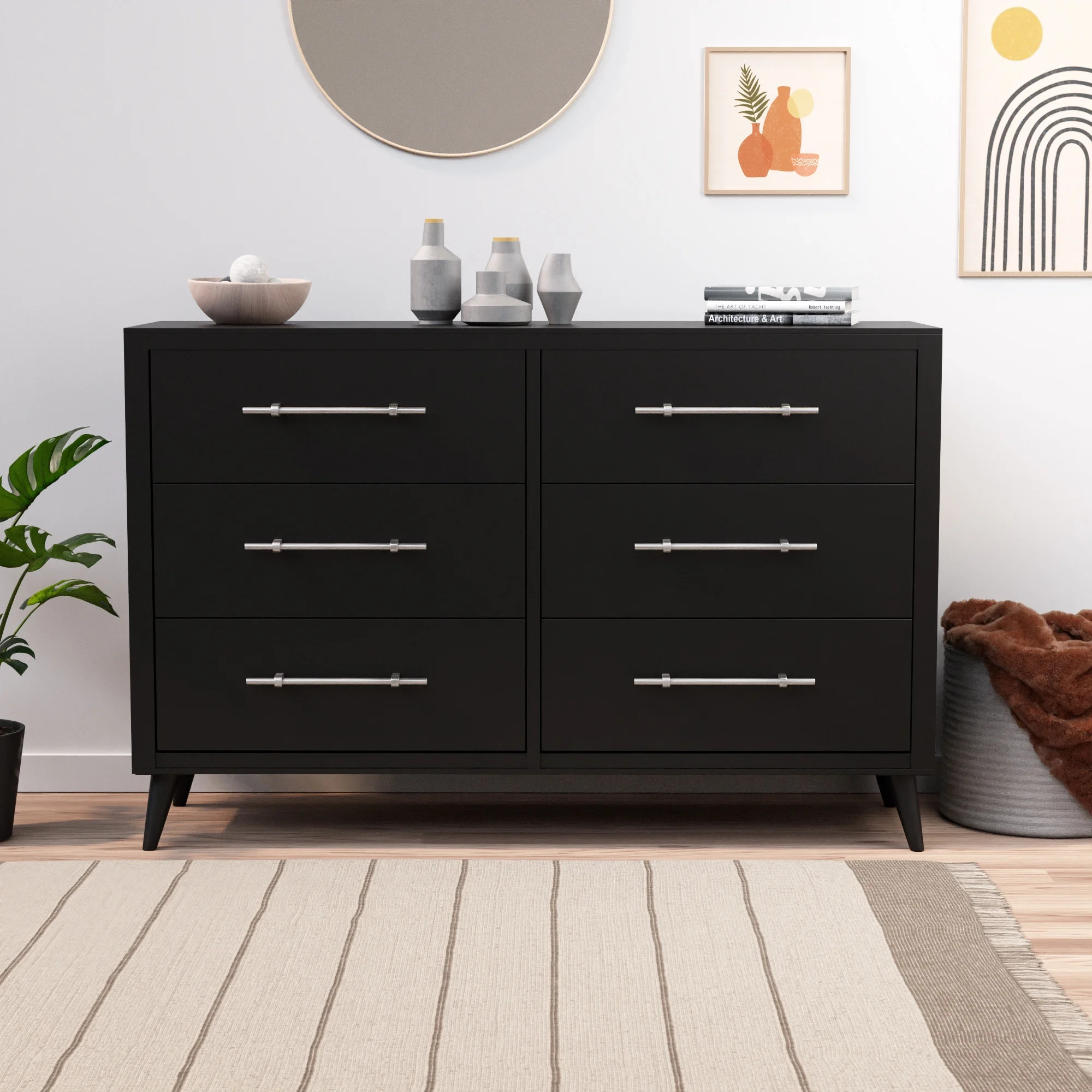 Rest Haven Mid-Century Modern 6 Drawer Wood Dresser, Black | Walmart (US)