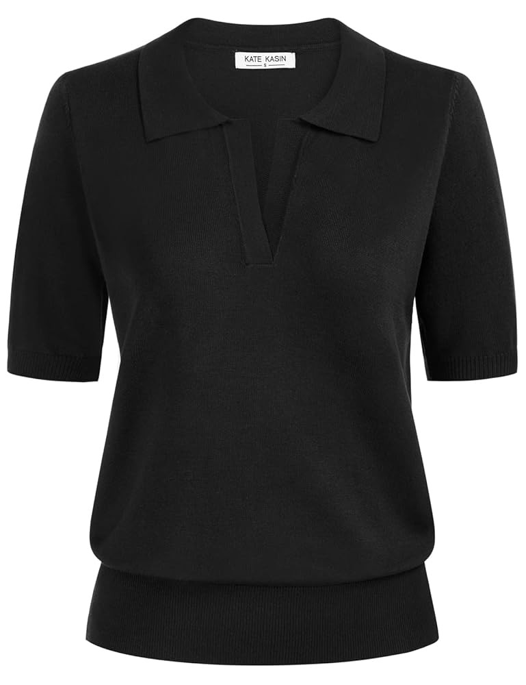 Kate Kasin Women Short Sleeve Polo Sweater V Neck Knitted Tops Casual Ribbed Shirt Loose Pullover... | Amazon (US)