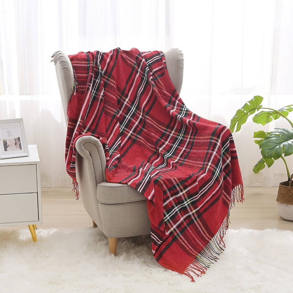 Saukiee Plaid Throw Blanket Red with Tassels 50 x 60 inches Tartan Chenille Throw Fringe for Couc... | Amazon (US)