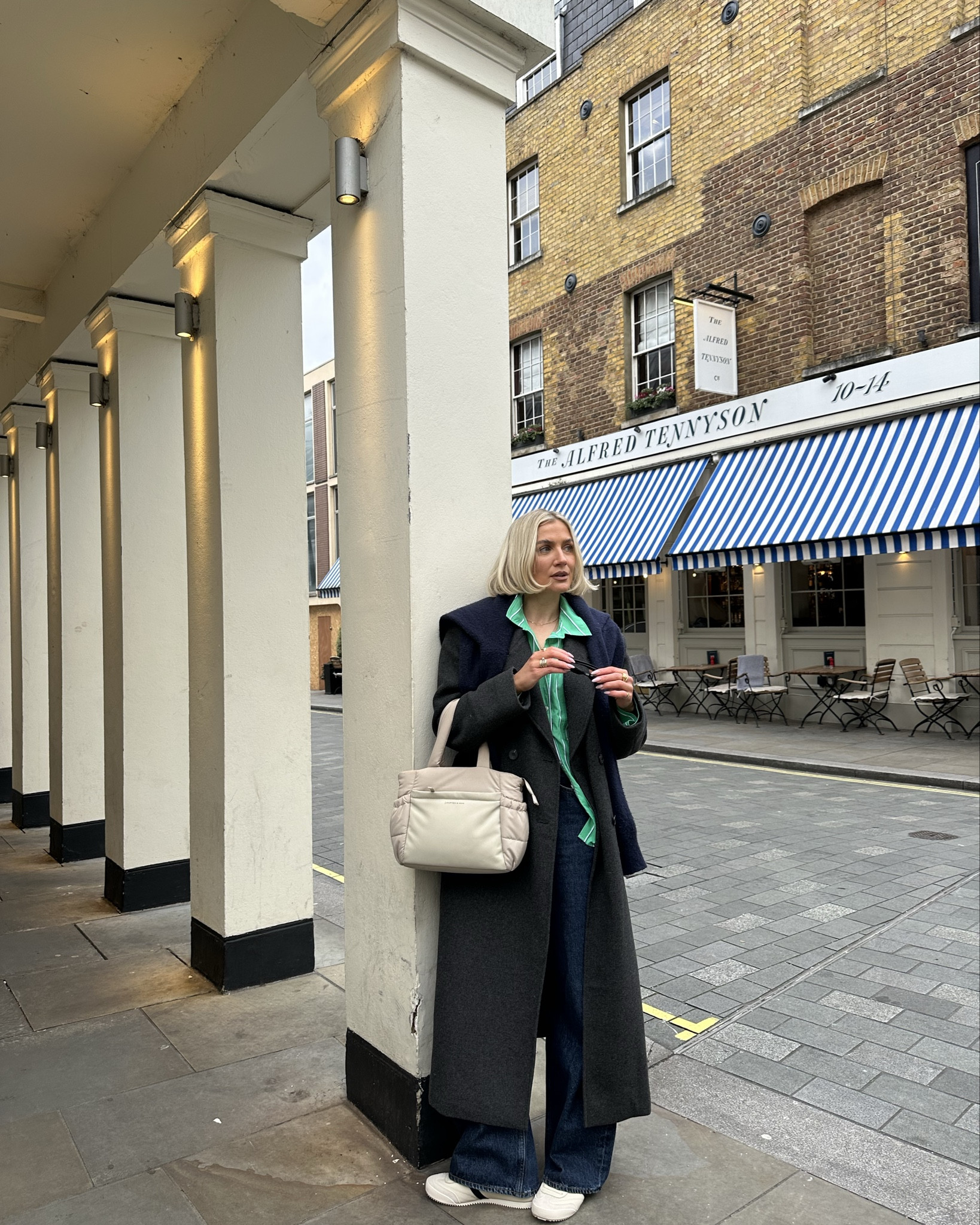 Agolde low curve jeans 
Green stripe fshirnavy jumper
Grey wool maxi coat 

#LTKjeans #LTKuk #LTKstyletip