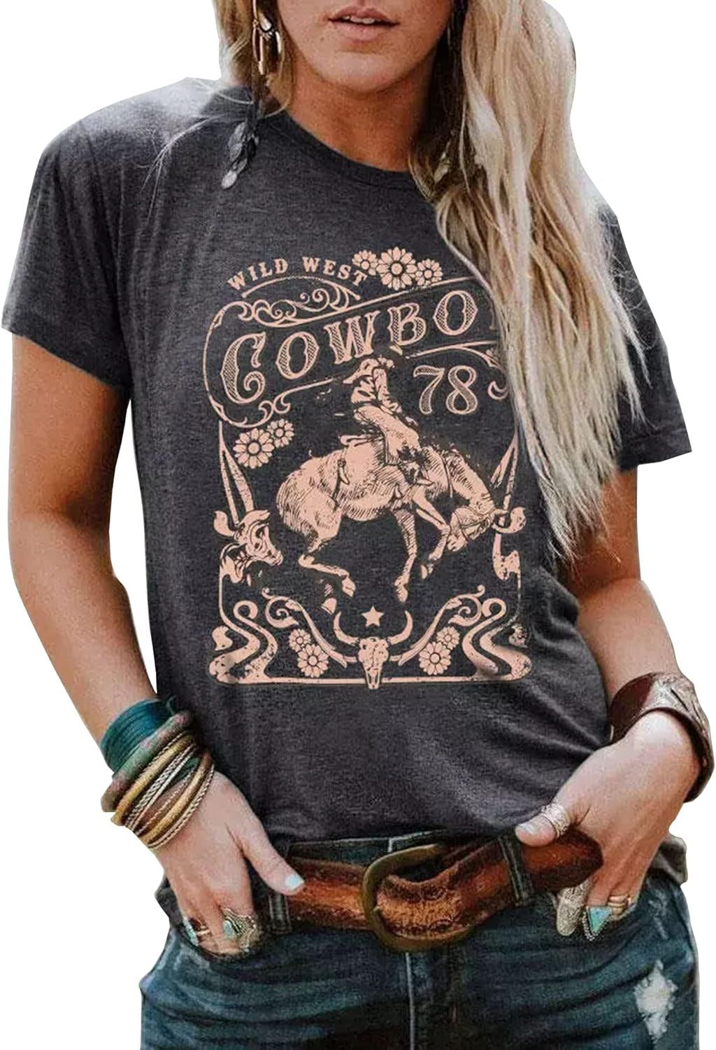 Wild West Cowboy Steer T-Shirt for Women Vintage Skull Floral Graphic Cowboy Rodeo Shirt Tops Wes... | Amazon (US)