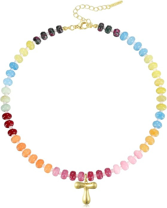 KissYan Initial Necklaces for Women, Colorful Beaded Gemstone Choker 14K Gold Bubble Letter Penda... | Amazon (US)