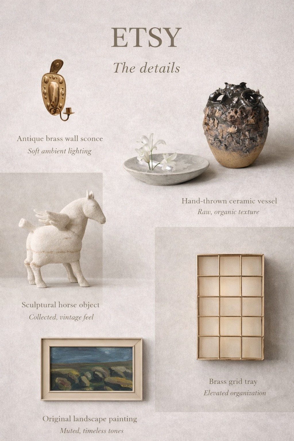My current @Etsy cart is full of the kind of pieces that instantly elevate a space without trying too hard.

Think antique brass, hand-thrown ceramics, and collected vintage-inspired accents that feel layered, intentional, and quietly beautiful.

I’m always drawn to items that look like they’ve been found over time rather than bought all at once. A sculptural object here, a muted landscape there, something functional but still refined like a brass tray. It’s that balance of form and function that makes a space feel complete.

These are the pieces I keep coming back to. Timeless, understated, and easy to live with.

If you love that effortless, lived-in aesthetic, this edit is worth saving 🤍 
#ad #Etsy #EtsyCreatorCo 