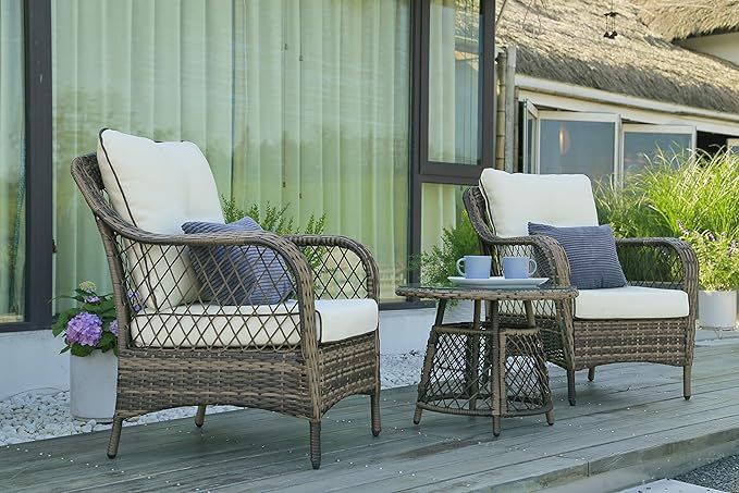 N&V Wicker Patio Furniture Rattan Conversation Chairs Bistro Sets with Table & Cushions for Outdo... | Amazon (US)