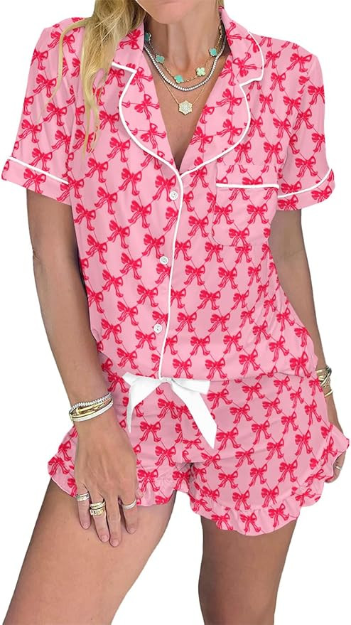 KevaMolly Womens Christmas Lounge Sets Candy Cane Print Pocketed Knotted PJ Set Short Sleeve Xmas... | Amazon (US)