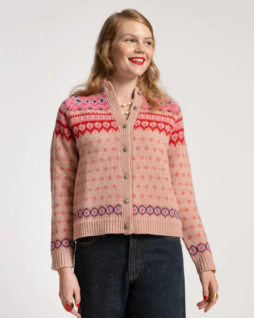 Fair Isle Cardigan Wool Pink | Frances Valentine