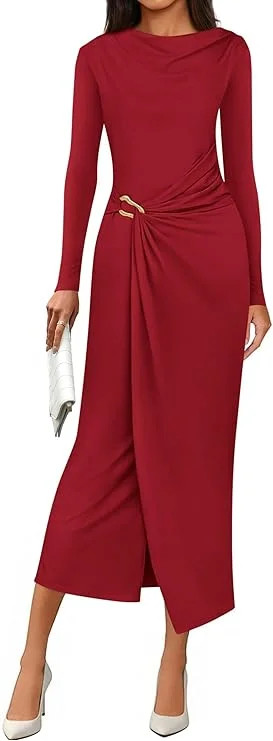 PRETTYGARDEN Women's Fall Wedding Guest Cocktail Midi Dresses Elegant Long Sleeve Bodycon Ruched ... | Walmart (US)
