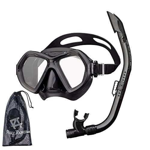 Reef Tourer RC0107 Adult 2-Window Mask & Snorkel Combo Set, Semi-Dry Top, Purge Valve, Low Volume, Tempered Glass Lens, with Reusable Travel Mesh Bag, Black/Black | Amazon (US)