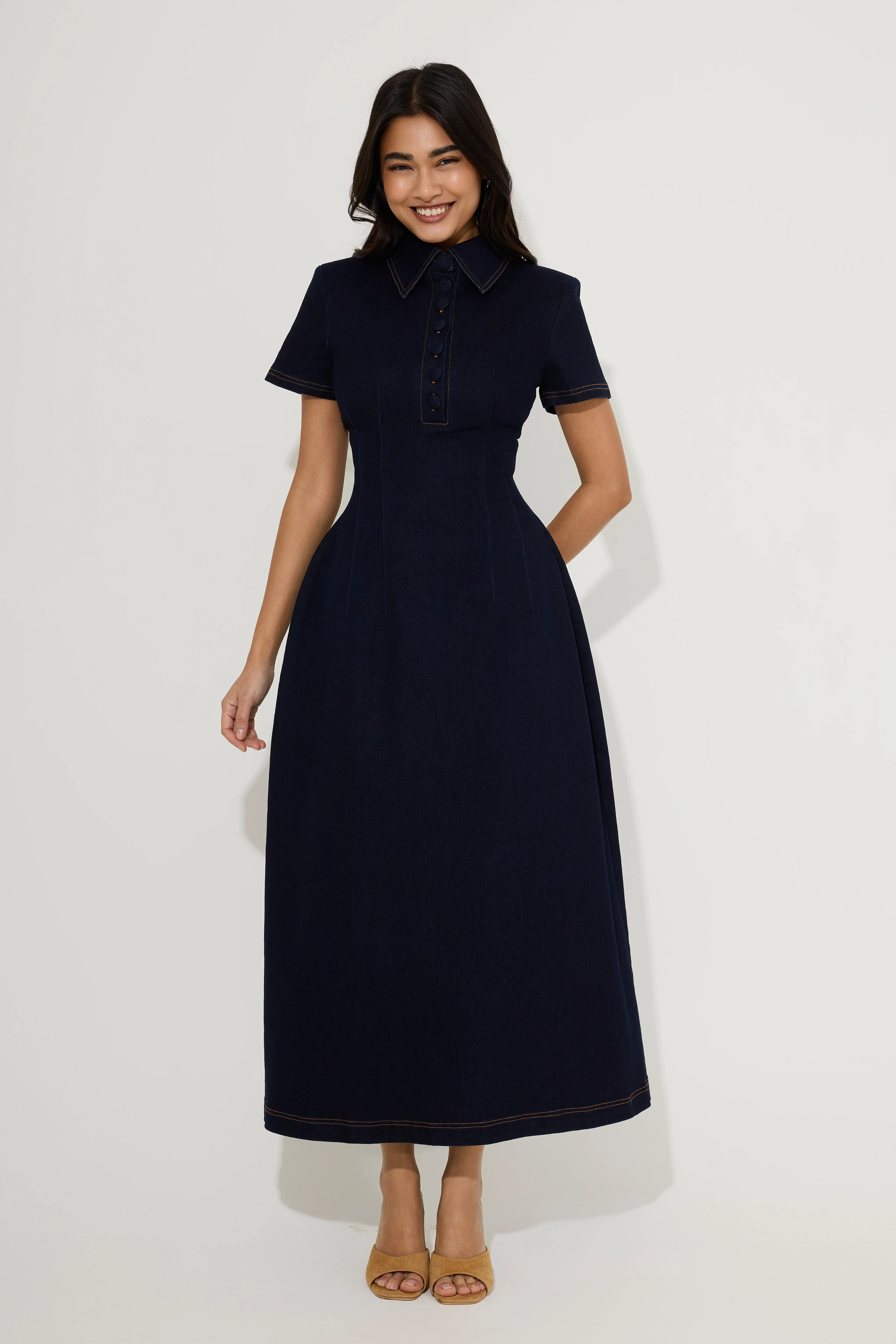 Cotton Mix Denim Collared Midi Dress | Odd Muse