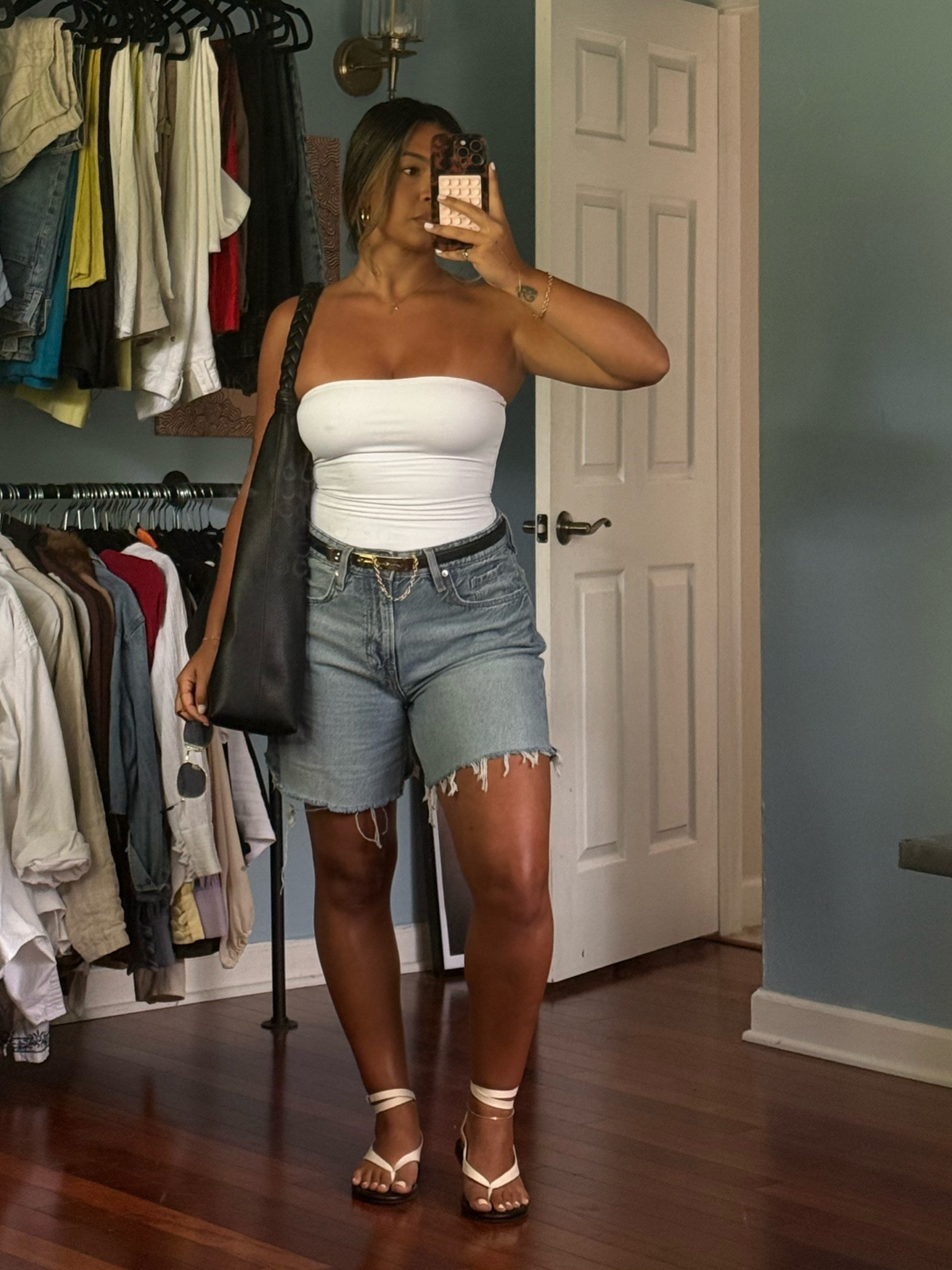 top is old clyque the label, shorts are DIY, bag is from tj maxx last year. linking all similar 🩵