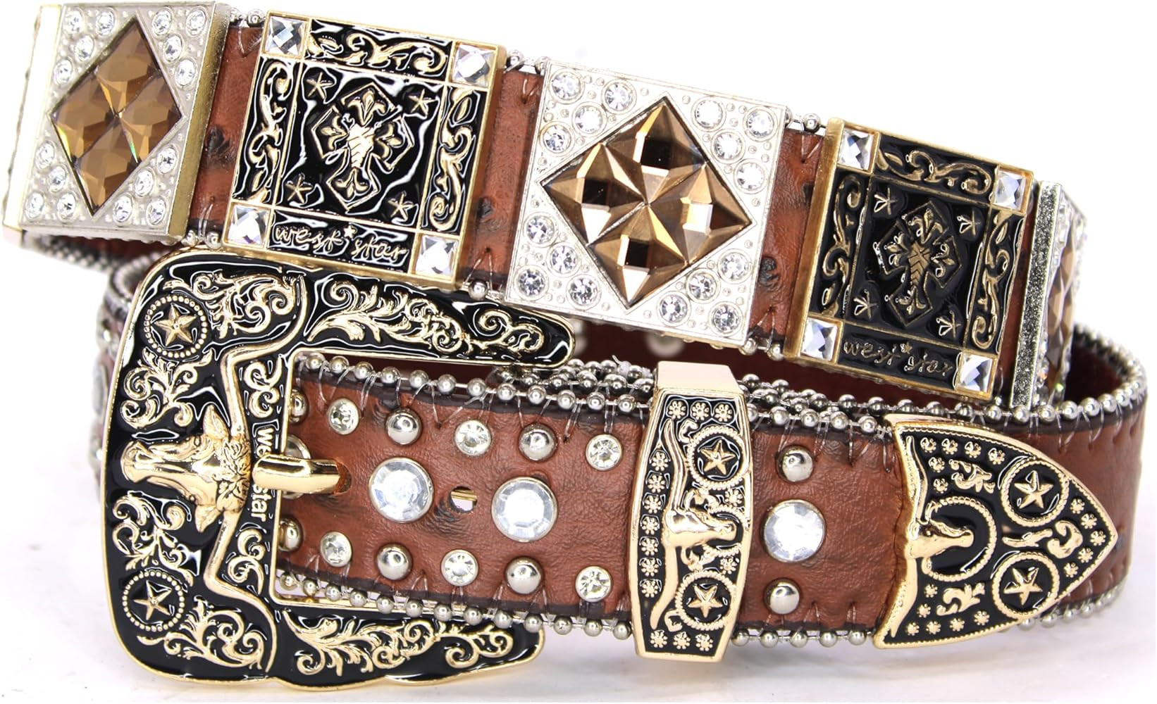Genuine Leather Belt for Women & Cowboy Big Rhinestone Engraved Buckle Country Gold 5011 | Amazon (US)