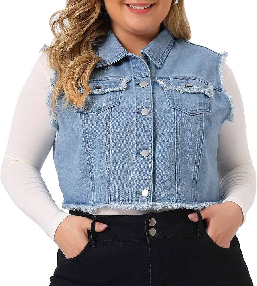 Agnes Orinda Plus Size Denim Jackets for Women Button Down Distressed Sleeveless Jean Vest Jacket | Amazon (US)
